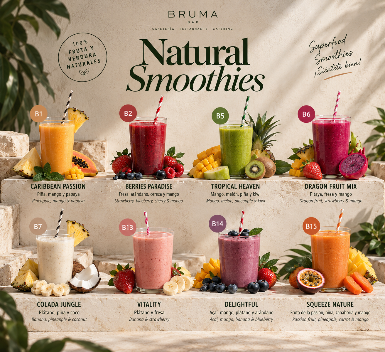 Natural Smoothies Bruma: Caribbean Passion, Berries Paradise, Tropical Heaven, Dragon Fruit Mix, Colada Jungle, Vitality, Delightful y Squeeze Nature